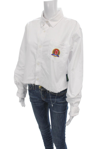 Danzy Womens Cropped Button-Up White Collared Long Sleeve Cotton Preppy Size M