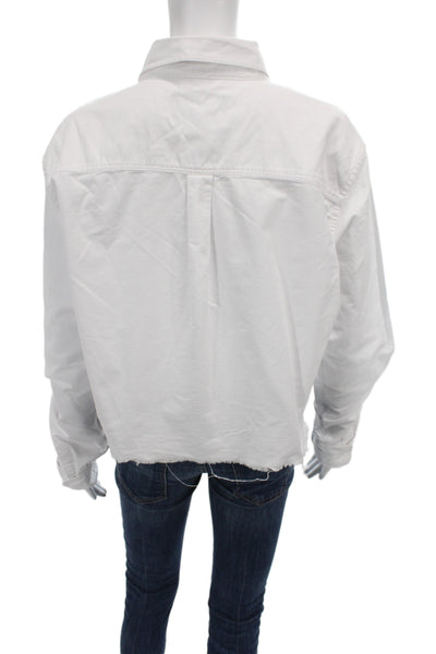 Danzy Womens Cropped Button-Up White Collared Long Sleeve Cotton Preppy Size M