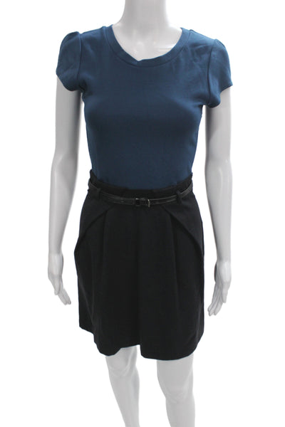 Theory Womens Sheath Dress Blue Colorblock Scoop Neck Short Sleeve Zip Size 2
