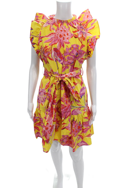 Banjanan Women Shift Dress Yellow Floral Cotton Sleeveless Knee Length Size XS