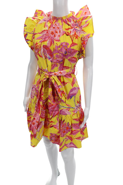 Banjanan Women Shift Dress Yellow Floral Cotton Sleeveless Knee Length Size XS