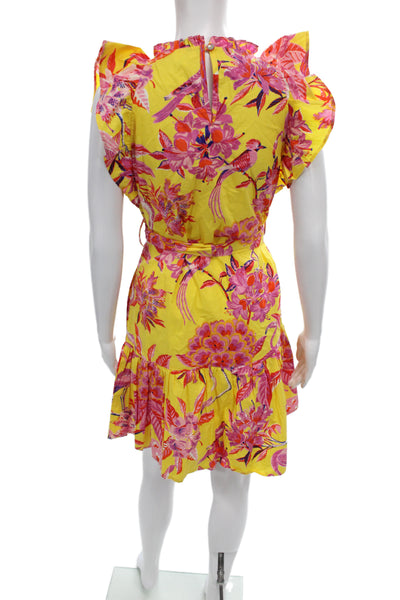 Banjanan Women Shift Dress Yellow Floral Cotton Sleeveless Knee Length Size XS