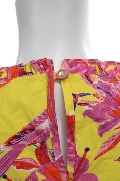 Banjanan Women Shift Dress Yellow Floral Cotton Sleeveless Knee Length Size XS