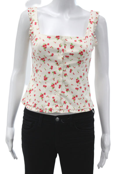 Zara Womens Camisole White Floral Square Neck Cotton Sleeveless Button Size XS