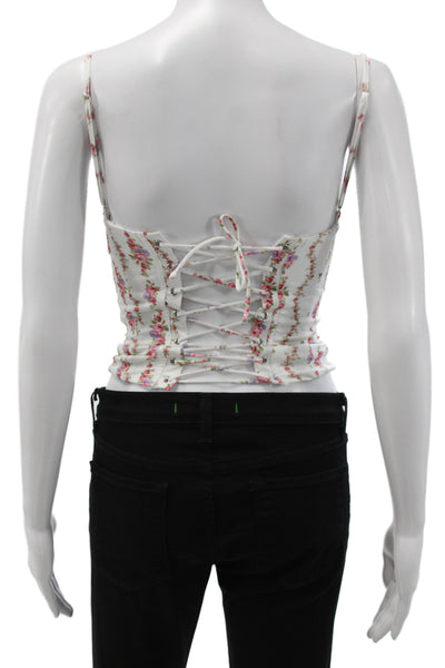 Edikted Women Corset Top White Floral V Neck Lace Up Sleeveless Size XS