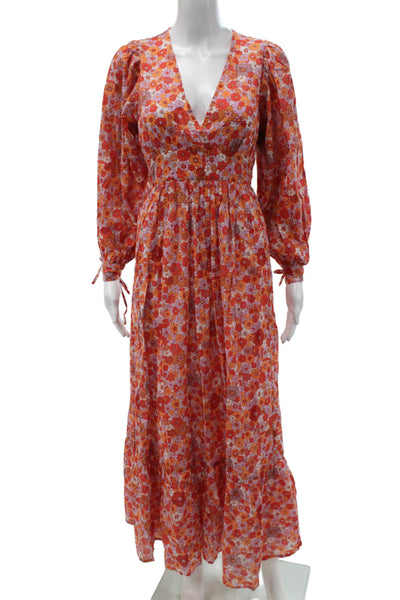 Antik Batik Women Maxi Dress Multicolor Floral V Neck Long Sleeve Size XS