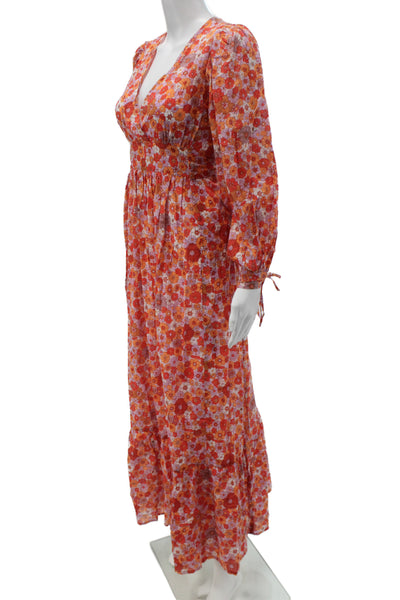 Antik Batik Women Maxi Dress Multicolor Floral V Neck Long Sleeve Size XS