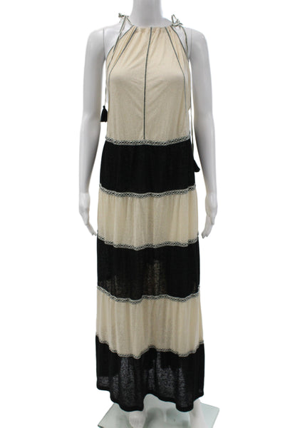 Pitusa Women Maxi Dress Beige Striped Halter Sleeveless Bohemian Size One Size