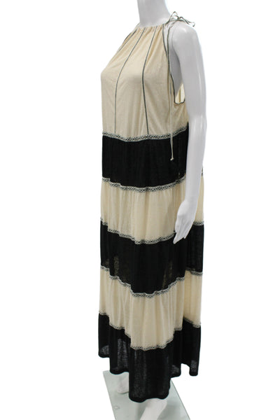 Pitusa Women Maxi Dress Beige Striped Halter Sleeveless Bohemian Size One Size