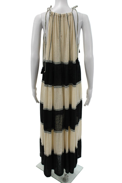 Pitusa Women Maxi Dress Beige Striped Halter Sleeveless Bohemian Size One Size