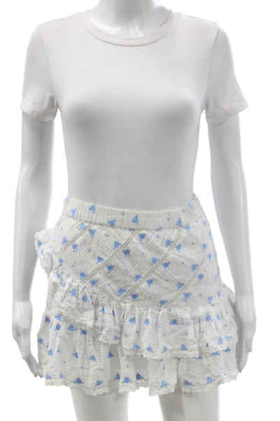 Love Shack Fancy Womens Mini Skirt Blue Floral Cotton Boho Pull On Size XS
