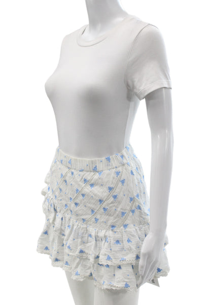Love Shack Fancy Womens Mini Skirt Blue Floral Cotton Boho Pull On Size XS