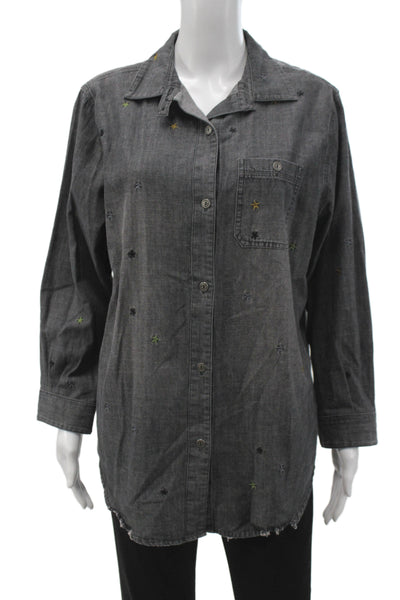 Lisa Todd Womens Tunic Button-Up Gray Collared Cotton Long Sleeve Stars Size L