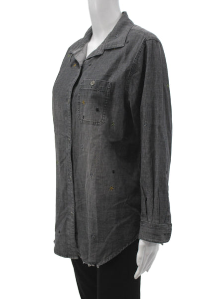 Lisa Todd Womens Tunic Button-Up Gray Collared Cotton Long Sleeve Stars Size L