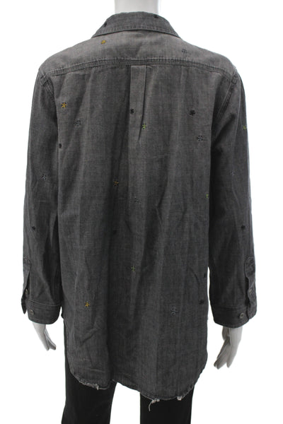 Lisa Todd Womens Tunic Button-Up Gray Collared Cotton Long Sleeve Stars Size L