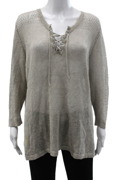 525 America Women Pullover Sweater Beige V Neck Long Sleeve Linen Beach Size L