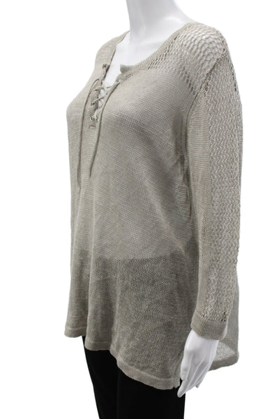 525 America Women Pullover Sweater Beige V Neck Long Sleeve Linen Beach Size L