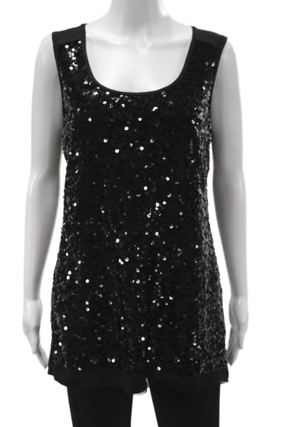 Elie Tahari Women Black Sequin Basic Tank Scoop Neck Size M