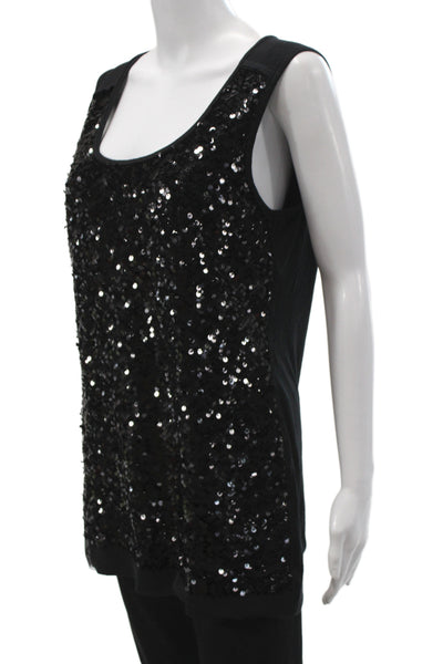 Elie Tahari Women Black Sequin Basic Tank Scoop Neck Size M