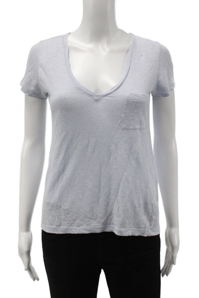 J Crew Women Basic V-Neck Linen T-Shirt Short Sleeve Blue Size 2XS