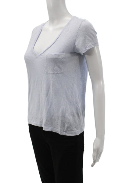 J Crew Women Basic V-Neck Linen T-Shirt Short Sleeve Blue Size 2XS