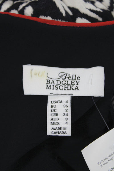 Badgley Mischka Women Sheath Dress Black Boatneck 3/4sleeve Floral Short Size 4