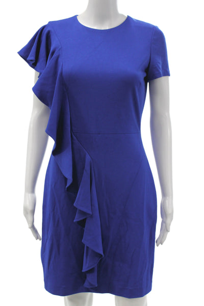 Belle Badgley Mischka Women Sheath Dress Blue Short Sleeve Crew Neck Zip Size 4