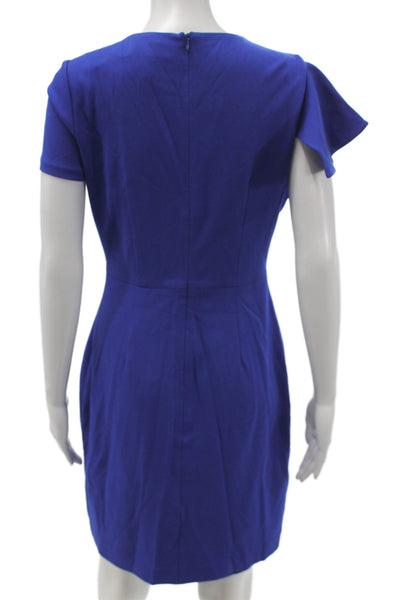 Belle Badgley Mischka Women Sheath Dress Blue Short Sleeve Crew Neck Zip Size 4