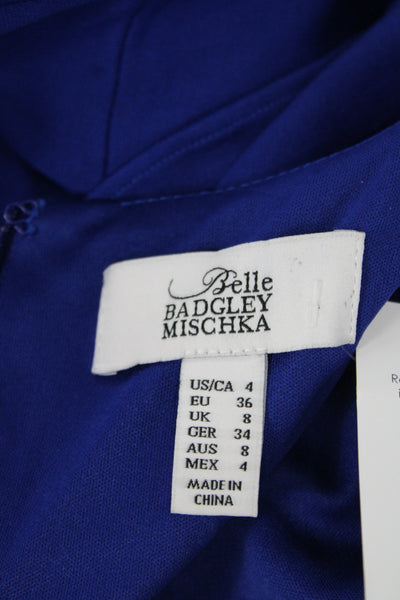 Belle Badgley Mischka Women Sheath Dress Blue Short Sleeve Crew Neck Zip Size 4