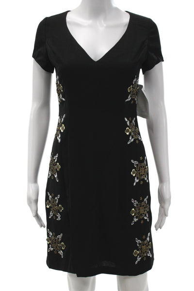 Belle Badgley Mischka Womens Beaded Black Sheath Short Sleeve Dress Size 4