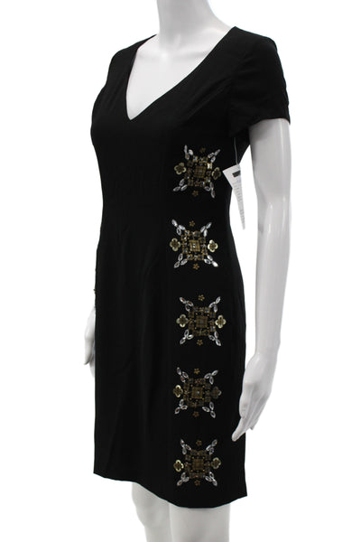 Belle Badgley Mischka Womens Beaded Black Sheath Short Sleeve Dress Size 4