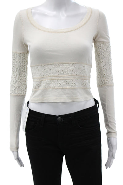 We The Free Womens Boho Cropped Scoop Neck Long Sleeve T-Shirt Ivory Size XS