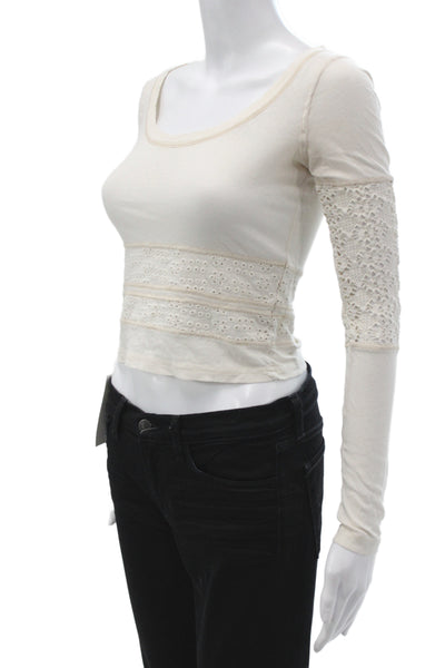 We The Free Womens Boho Cropped Scoop Neck Long Sleeve T-Shirt Ivory Size XS