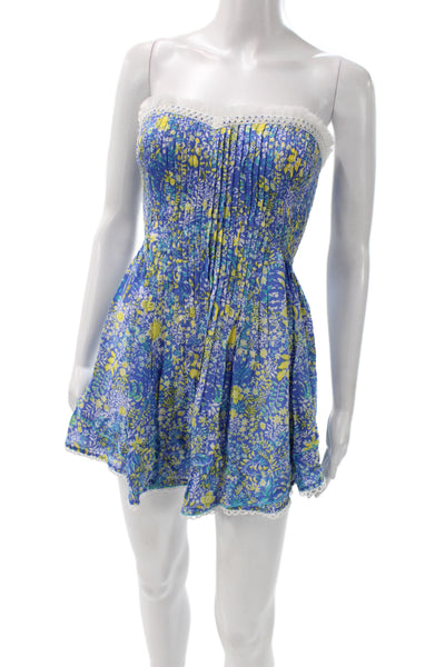 Poupette St. Barth Women Off Shoulder Floral Mini Dress Blue Viscose Size XS