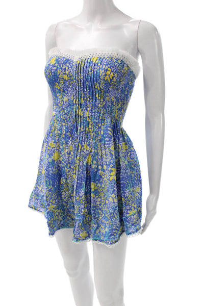 Poupette St. Barth Women Off Shoulder Floral Mini Dress Blue Viscose Size XS