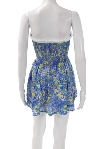Poupette St. Barth Women Off Shoulder Floral Mini Dress Blue Viscose Size XS