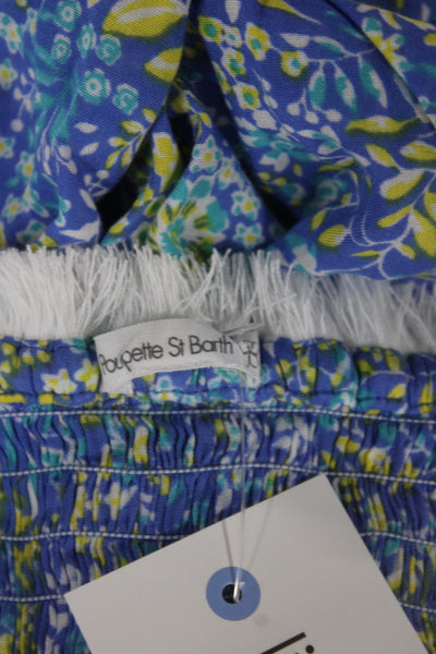 Poupette St. Barth Women Off Shoulder Floral Mini Dress Blue Viscose Size XS