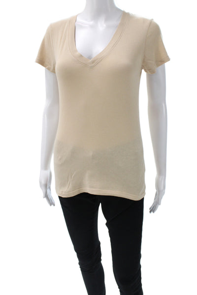 L'Agence Women Basic Beige V-Neck Cotton Short Sleeve T-Shirt Petite Size S