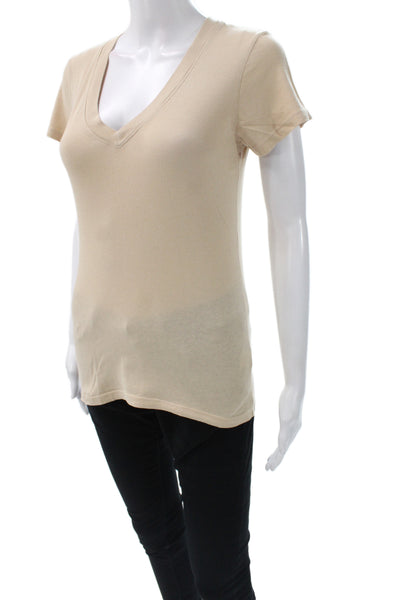 L'Agence Women Basic Beige V-Neck Cotton Short Sleeve T-Shirt Petite Size S