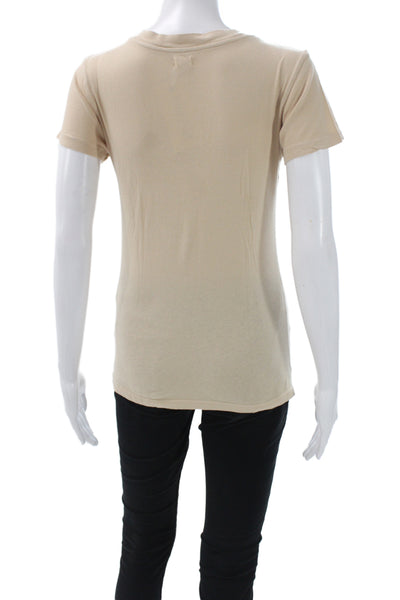 L'Agence Women Basic Beige V-Neck Cotton Short Sleeve T-Shirt Petite Size S