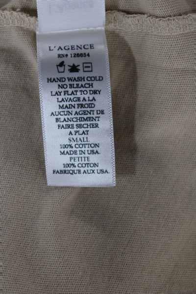L'Agence Women Basic Beige V-Neck Cotton Short Sleeve T-Shirt Petite Size S