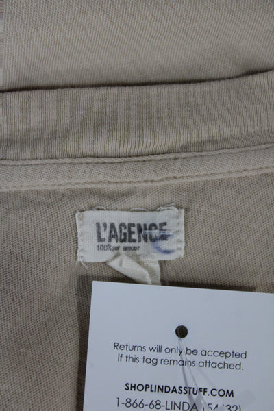 L'Agence Women Basic Beige V-Neck Cotton Short Sleeve T-Shirt Petite Size S