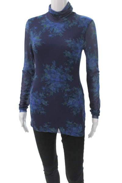 Ganni Women Blue Sheer Mesh Floral Turtleneck Tunic Blouse Long Sleeve Size 34