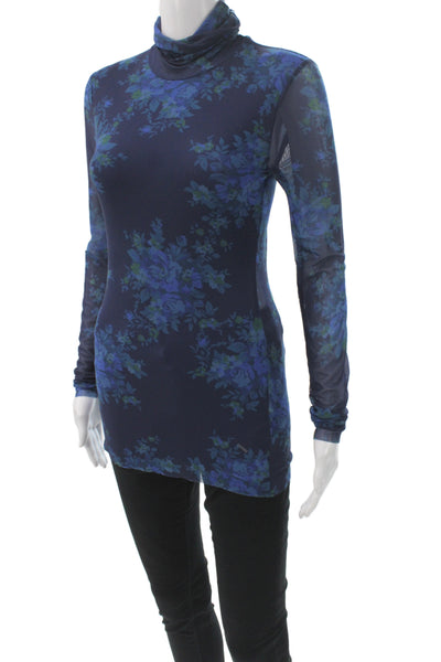 Ganni Women Blue Sheer Mesh Floral Turtleneck Tunic Blouse Long Sleeve Size 34