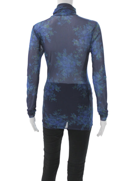 Ganni Women Blue Sheer Mesh Floral Turtleneck Tunic Blouse Long Sleeve Size 34