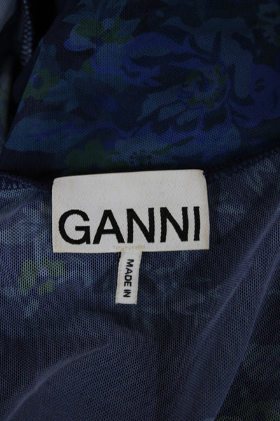 Ganni Women Blue Sheer Mesh Floral Turtleneck Tunic Blouse Long Sleeve Size 34