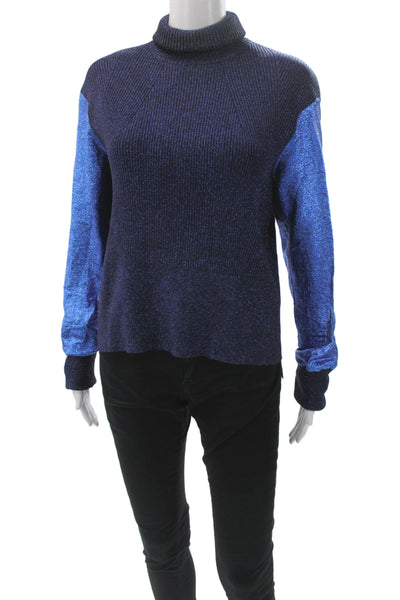 Cedric Charlier Womens Pullover Turtleneck Metallic Blue Long Sleeve Size M