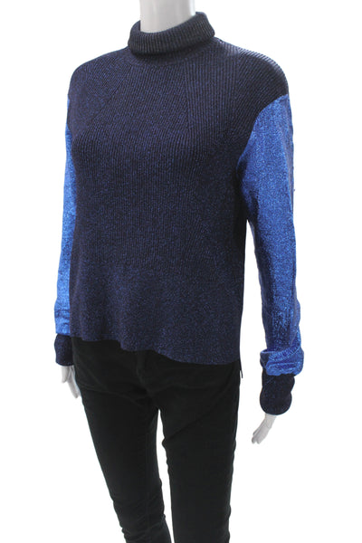 Cedric Charlier Womens Pullover Turtleneck Metallic Blue Long Sleeve Size M
