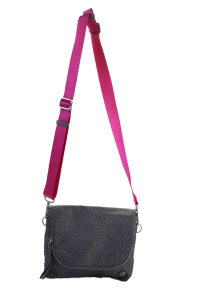 Lululemon Womens Animal Print Flap Crossbody Shoulder Handbag Grey Pink