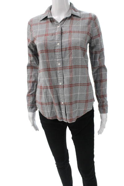 Faherty Women Basic Plaid Collared Button-Up Top Gray Long Sleeve Size XS